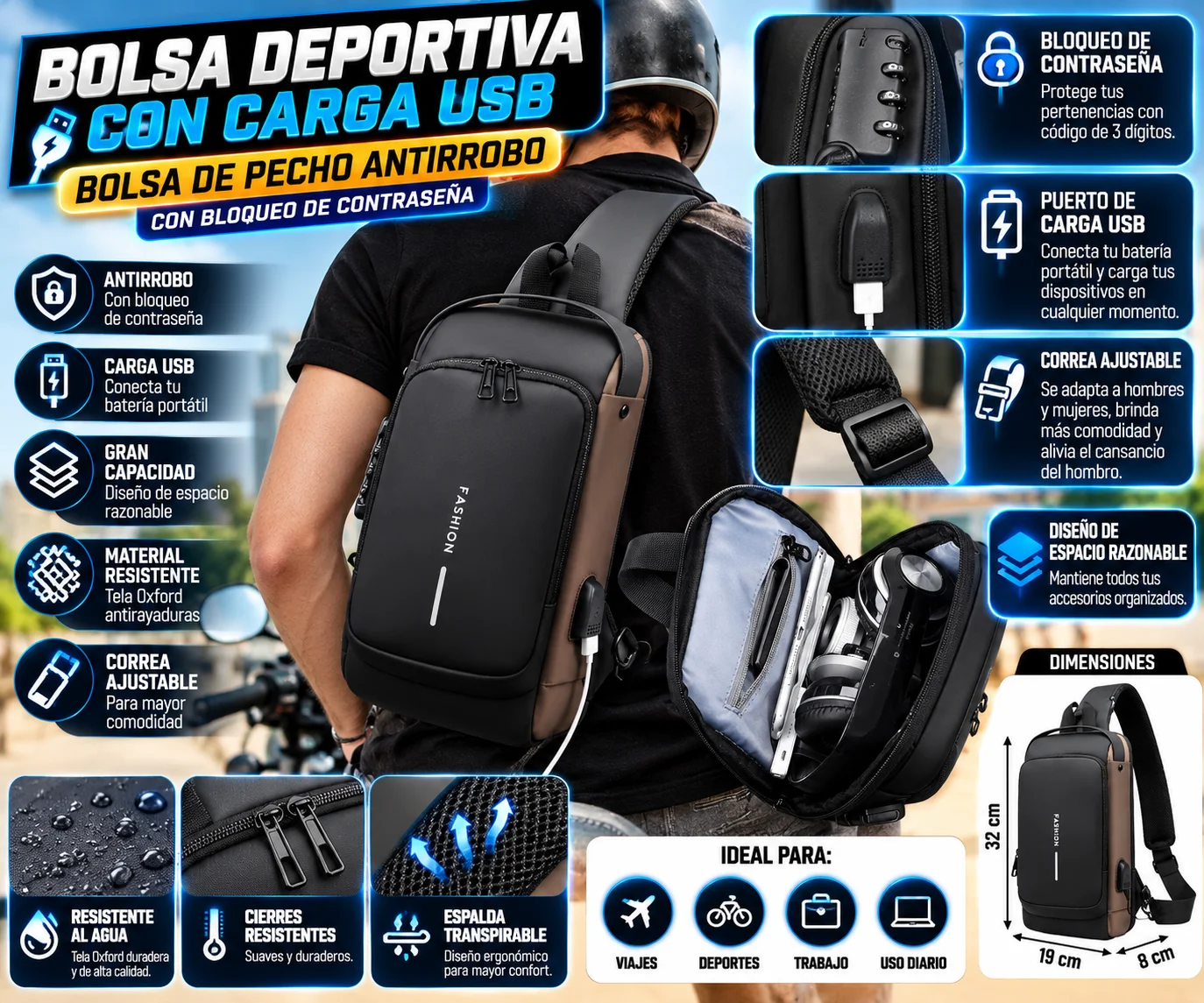 Bolsa de pecho antirrobo con puerto de carga USB