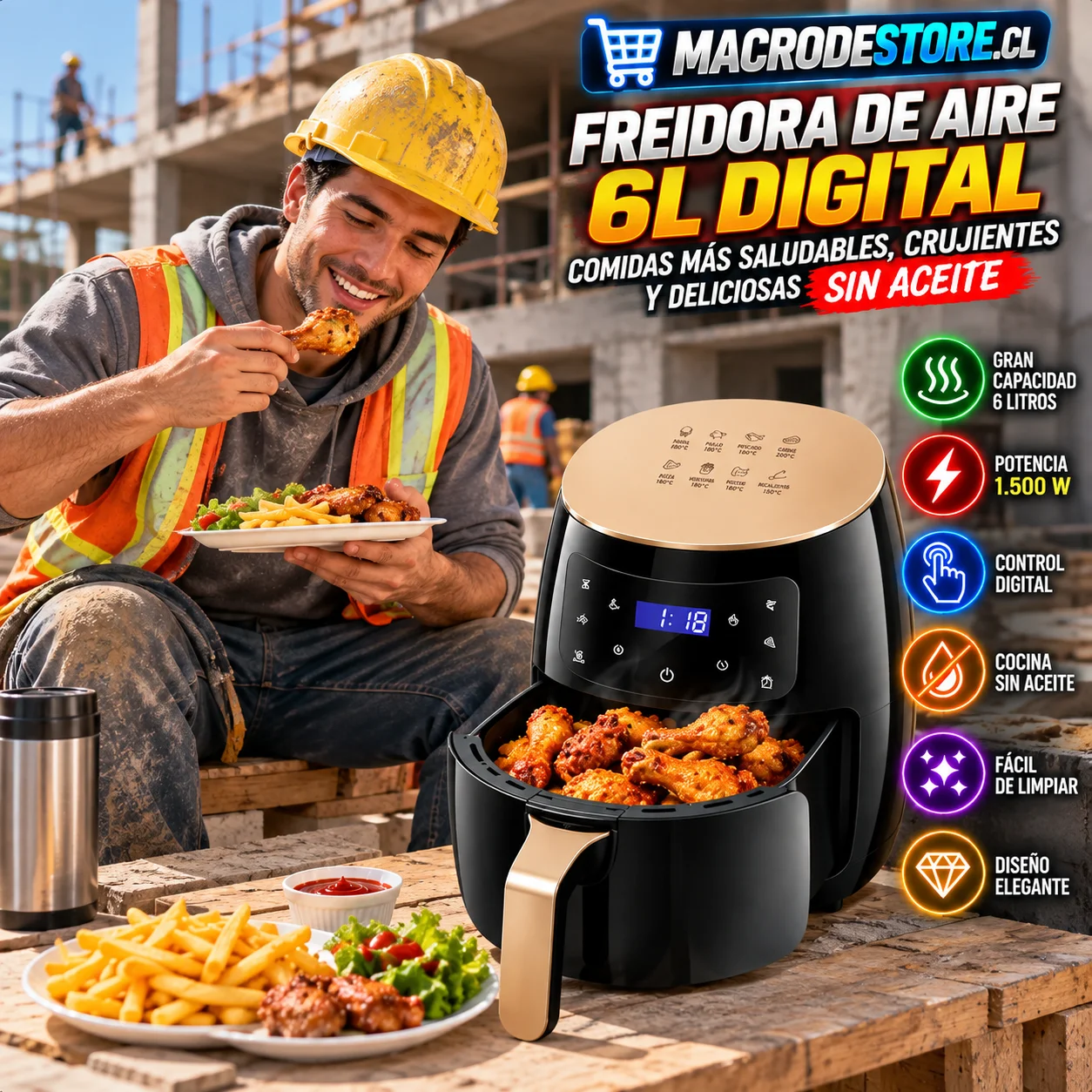 Freidora de aire 6L digital para papas y pollo crujientes