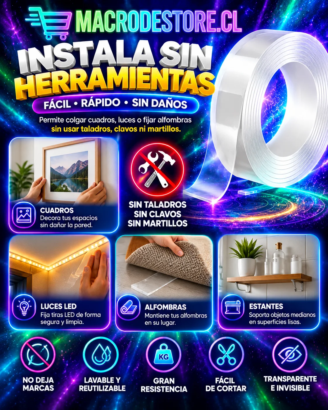 Instalación de cinta doble cara sin herramientas
