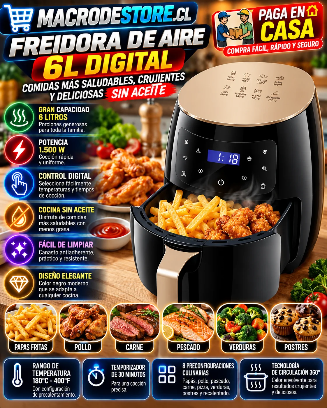 Freidora de aire 6L digital negra