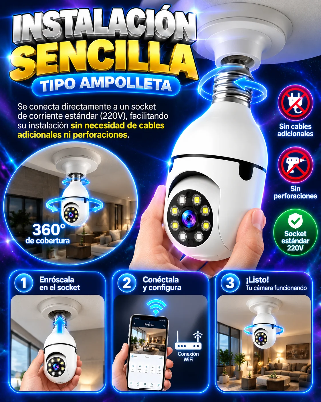Instalación sencilla de cámara tipo ampolleta