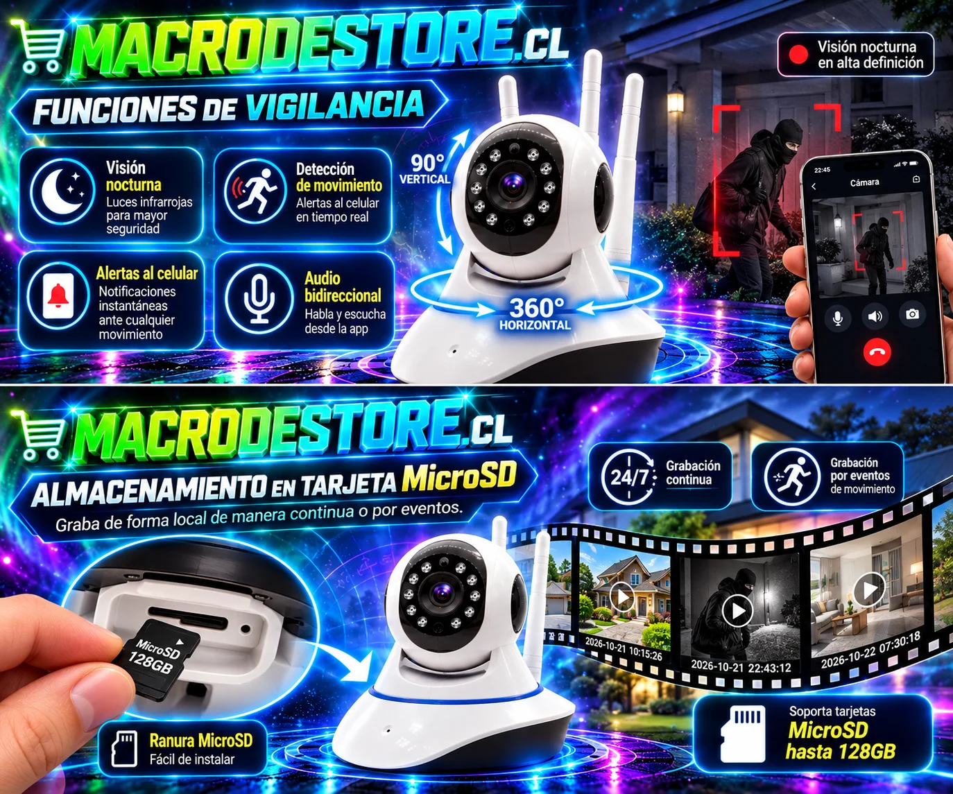 Cámara IP WiFi 360 con almacenamiento en tarjeta microSD