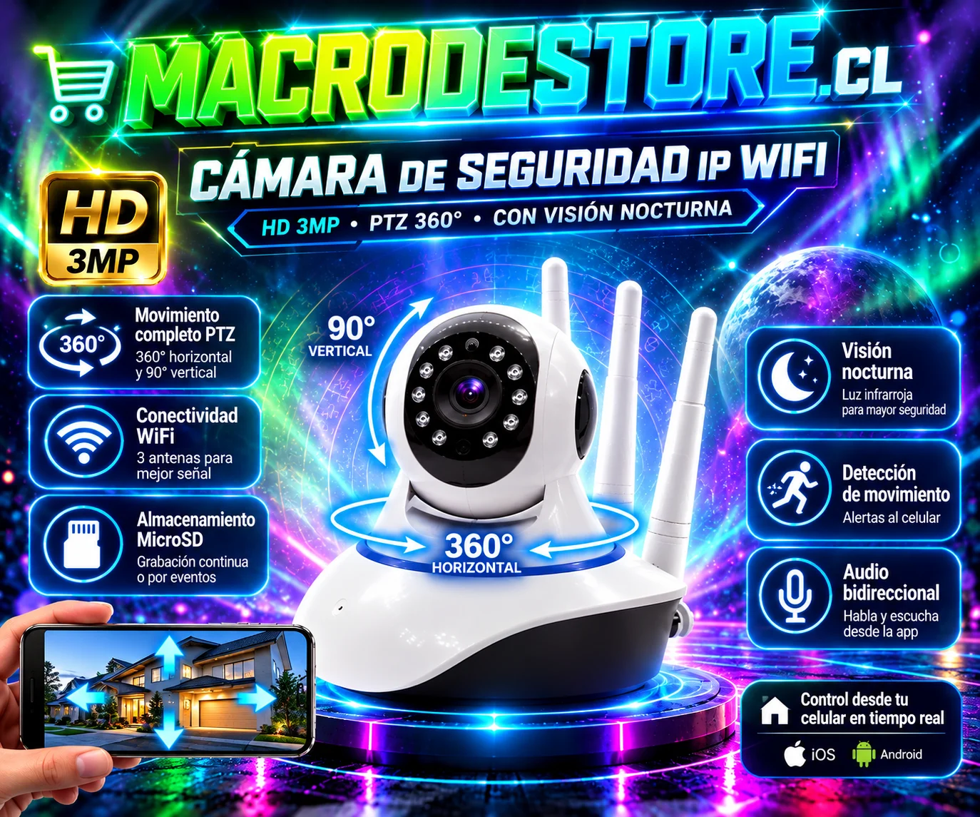 Cámara de seguridad IP WiFi 360 con visión nocturna