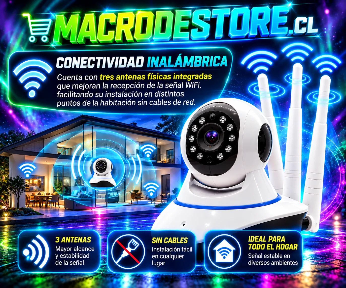 Cámara IP WiFi con antenas de conectividad inalámbrica