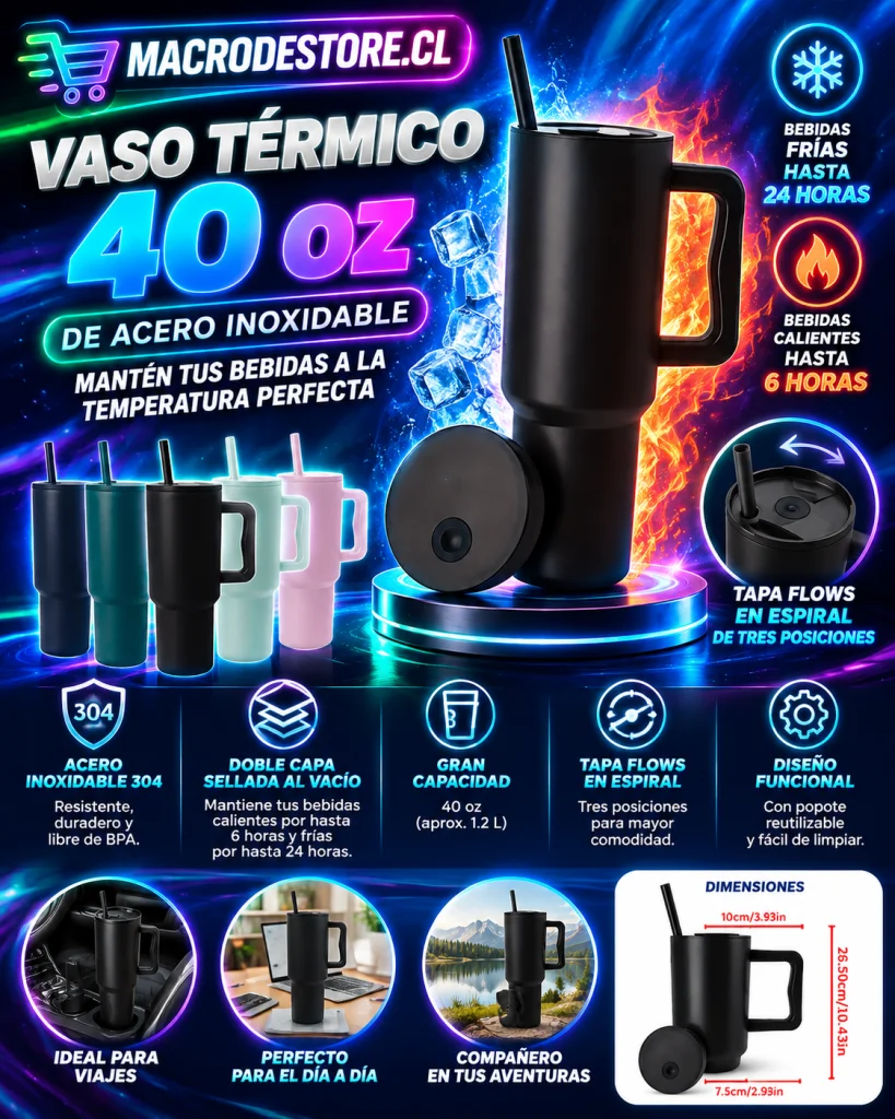 Vaso térmico de acero inoxidable 40 oz con asa y bombilla