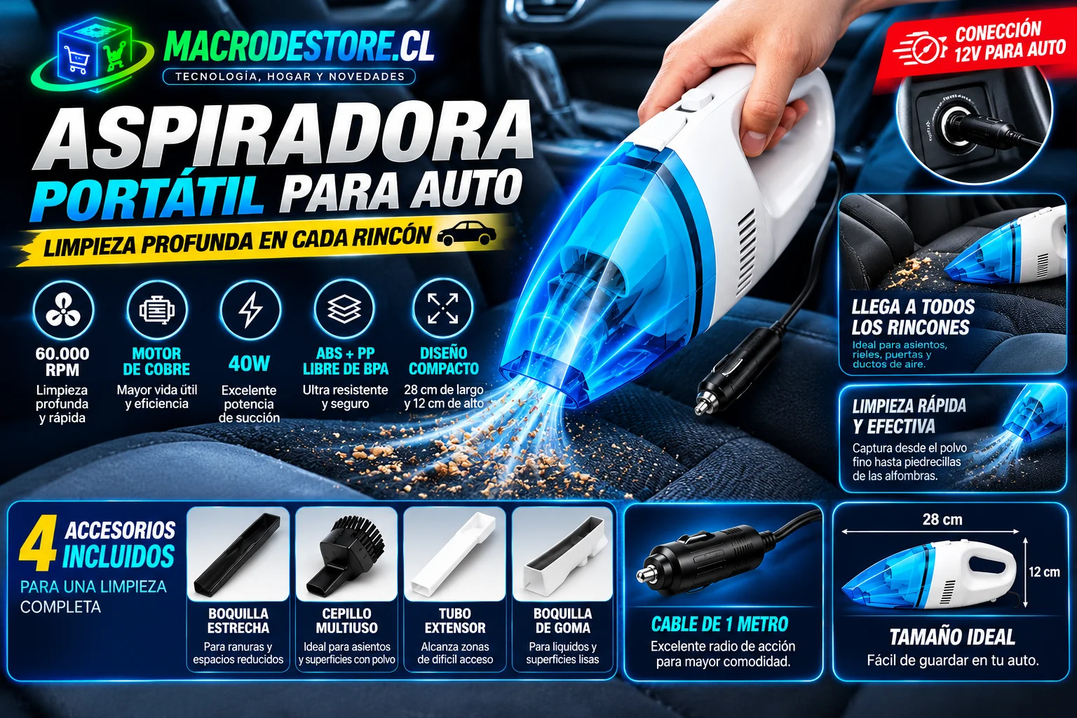 Aspiradora para auto con boquilla para limpiar cada rincón