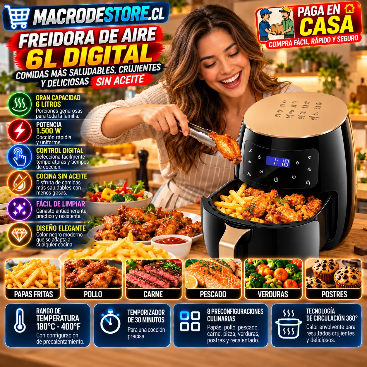 Freidora de aire 6L para cocinar comida crujiente