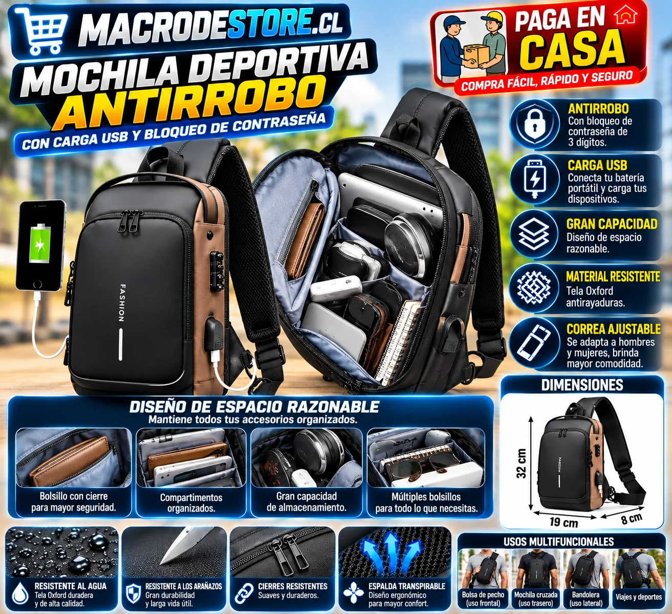 Mochila deportiva antirrobo con carga USB y bloqueo de contraseña