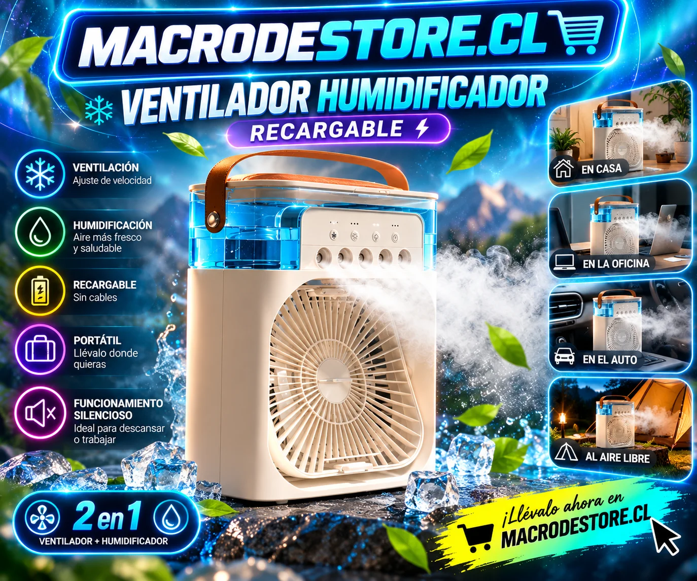 Ventilador humidificador recargable para escritorio y velador