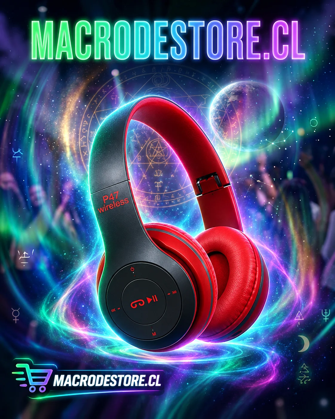 Audífonos bluetooth P47 inalámbricos rojos con radio FM, Macrodestore