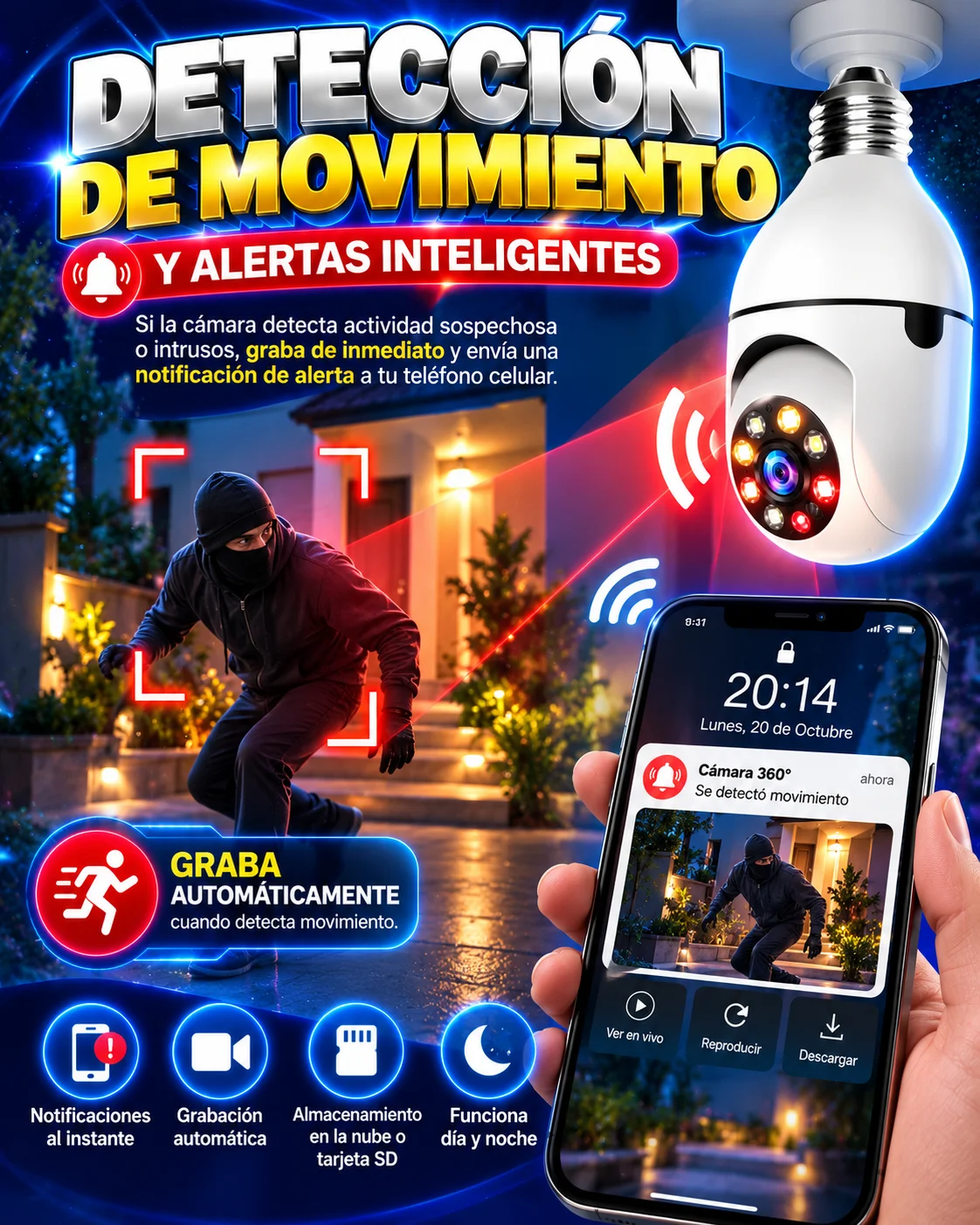Cámara ampolleta con detección de movimiento y alertas
