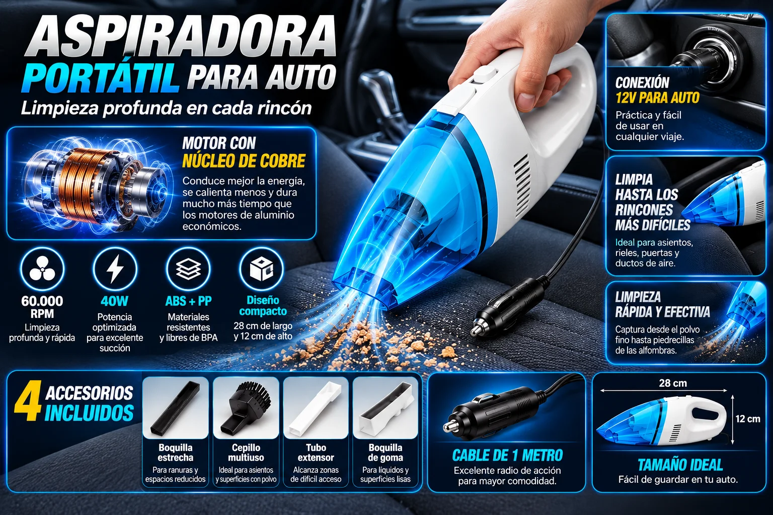 Aspiradora portátil para auto de 60.000 RPM con motor de cobre