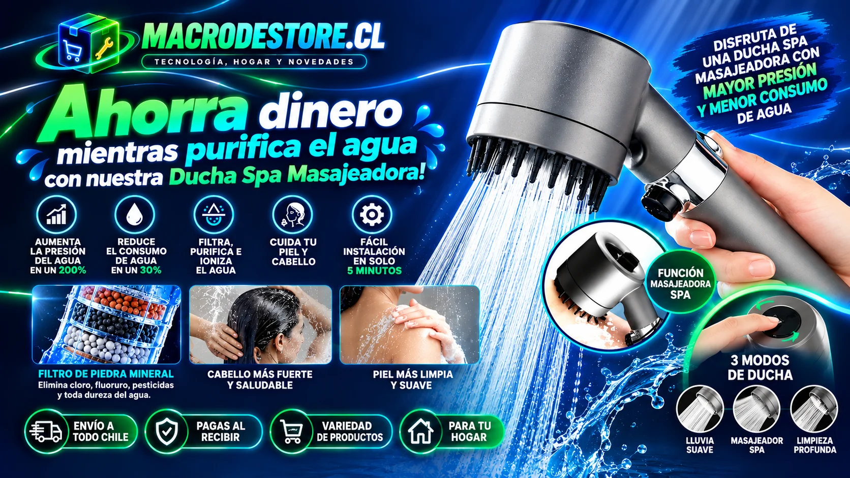Ducha spa masajeadora con esferas minerales que filtran el agua