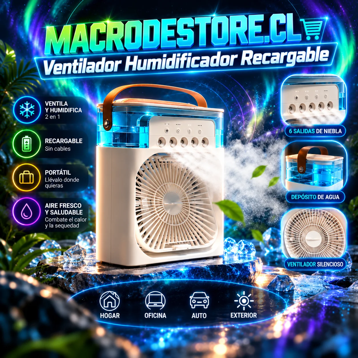 Ventilador humidificador portátil con niebla y asa para llevar