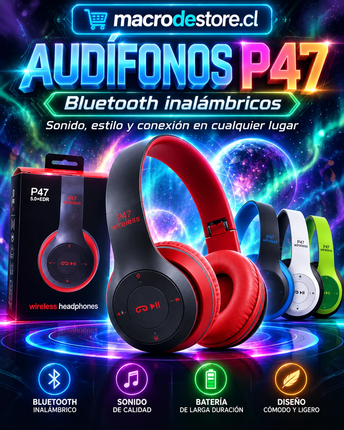 Audífonos bluetooth P47 inalámbricos en varios colores