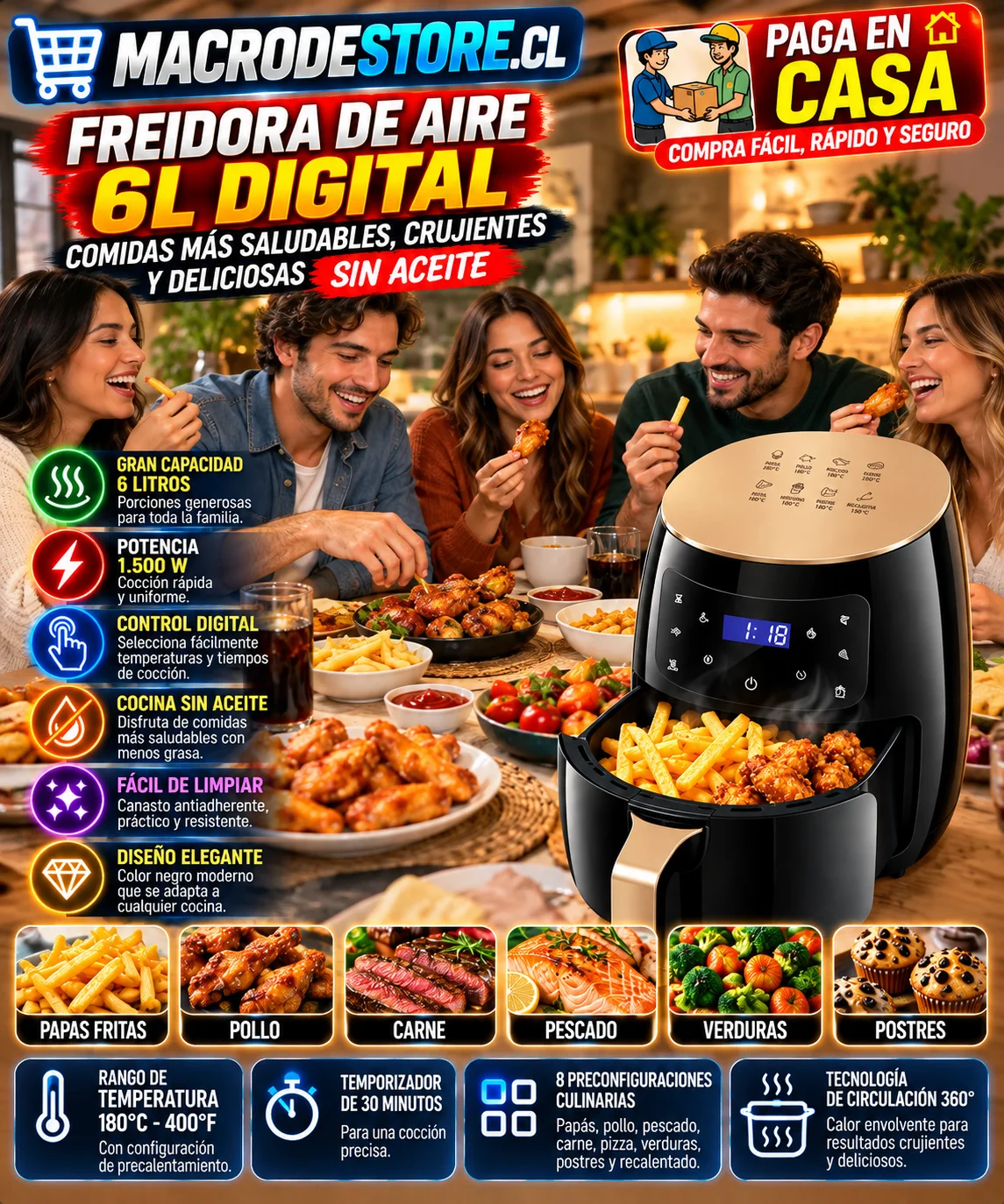 Freidora de aire 6L digital en la cocina
