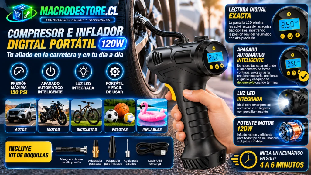 Compresor de aire digital inalámbrico inflando el neumático de un auto